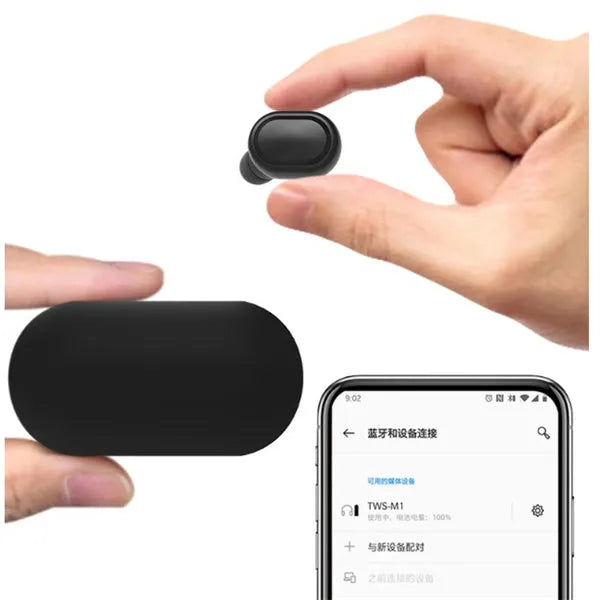 M1 Bluetooth wireless headset earbuds in black and white colour options showing stereo design