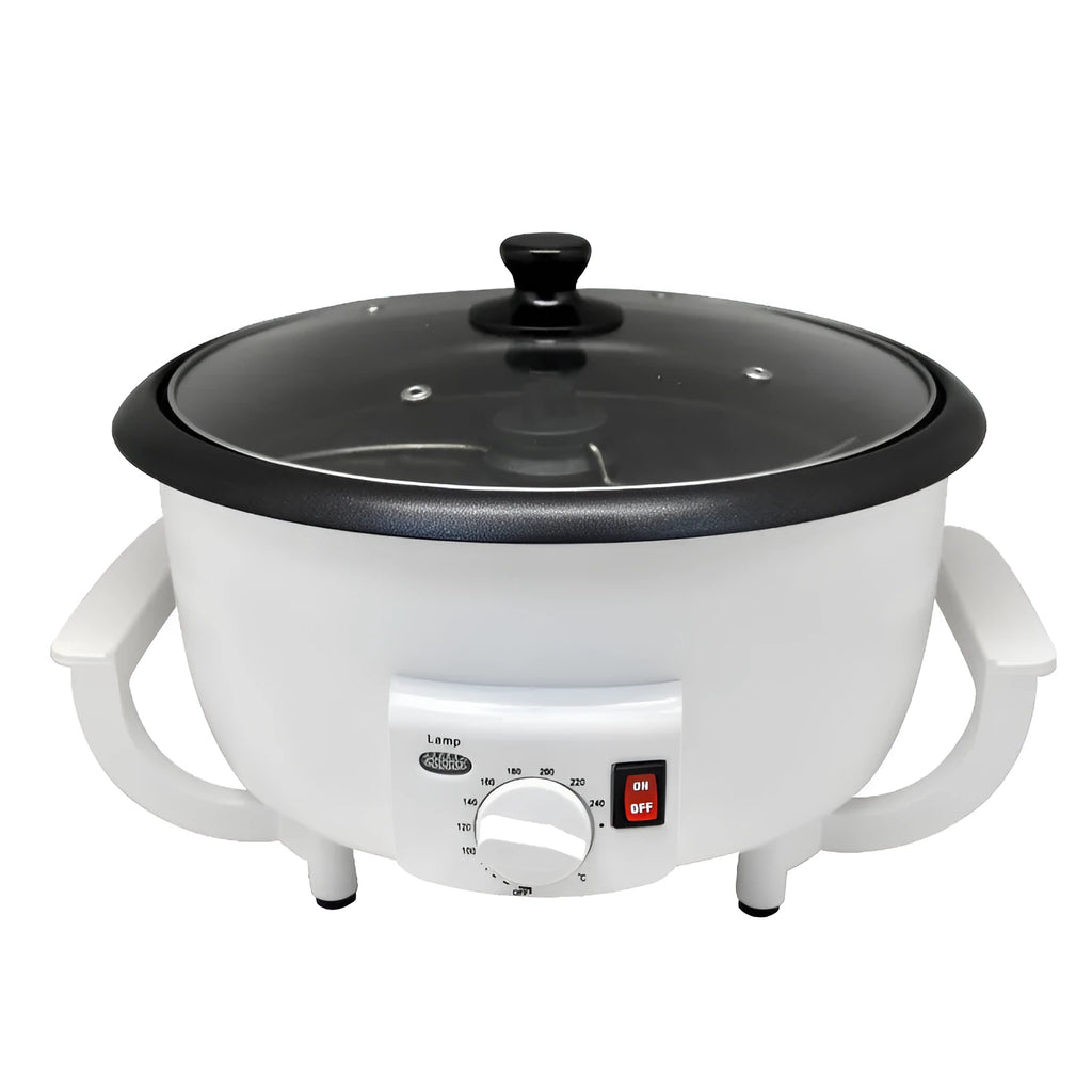 White oblate-shaped home coffee bean roaster with 750g capacity and 225mm pot base.