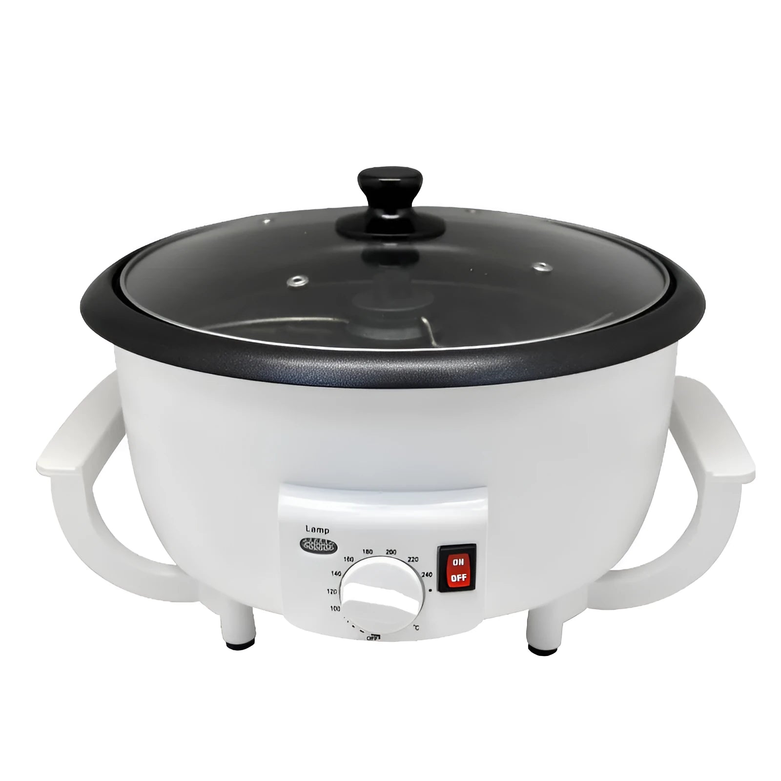 White oblate-shaped home coffee bean roaster with 750g capacity and 225mm pot base.