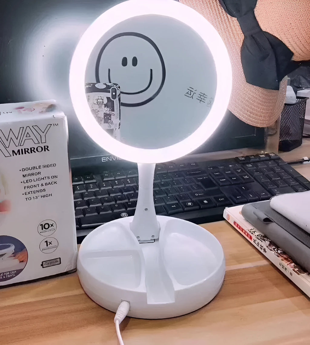 White acrylic LED vanity mirror with foldable design and USB charging port