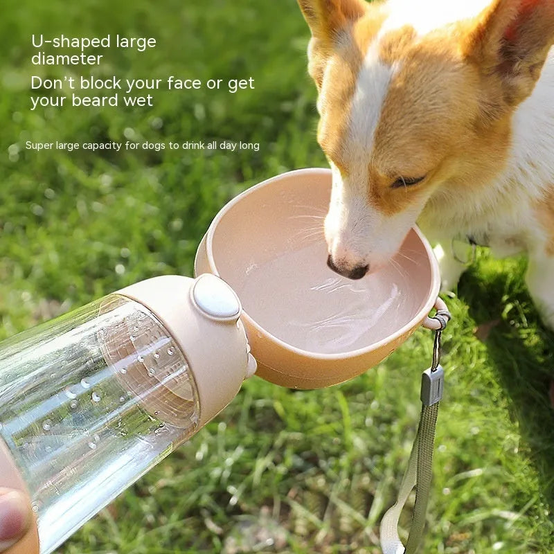 Portable dog water bottle and feeder bowl for outdoor travel in yellow, pink, or brown.