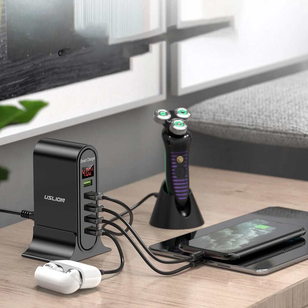 Smart LED digital display USB wall charger in black or white with UK, EU, or US plug options.