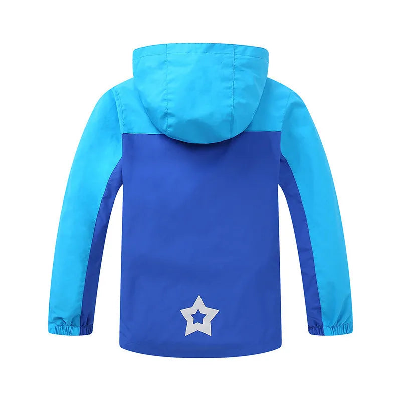 Boys' blue sanded acetate fibre autumn jacket with long sleeves and front zip.