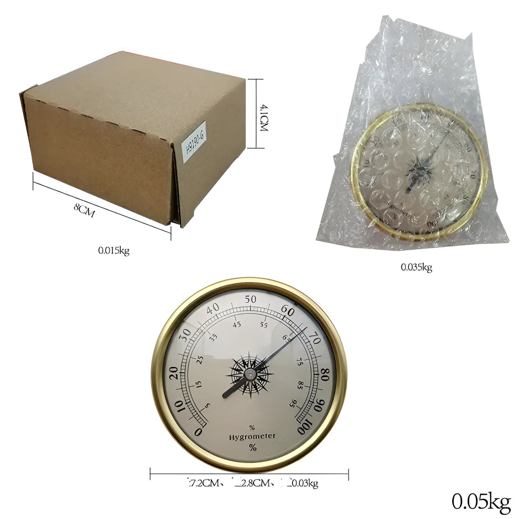 Analogue thermometer and hygrometer with aluminium dial on white background