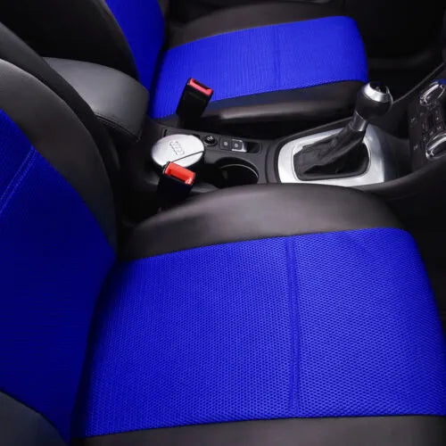 Black artificial leather car seat covers installed on front and rear seats with headrest covers.