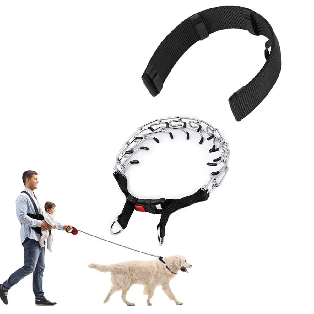 Stimulation dog training collar with prongs, nylon cover, and reflective strip in various colours and sizes.
