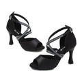 Women's Latin dance shoes in black with hot drilling detail, soft bottom, and leather sole, sizes 34 to 45