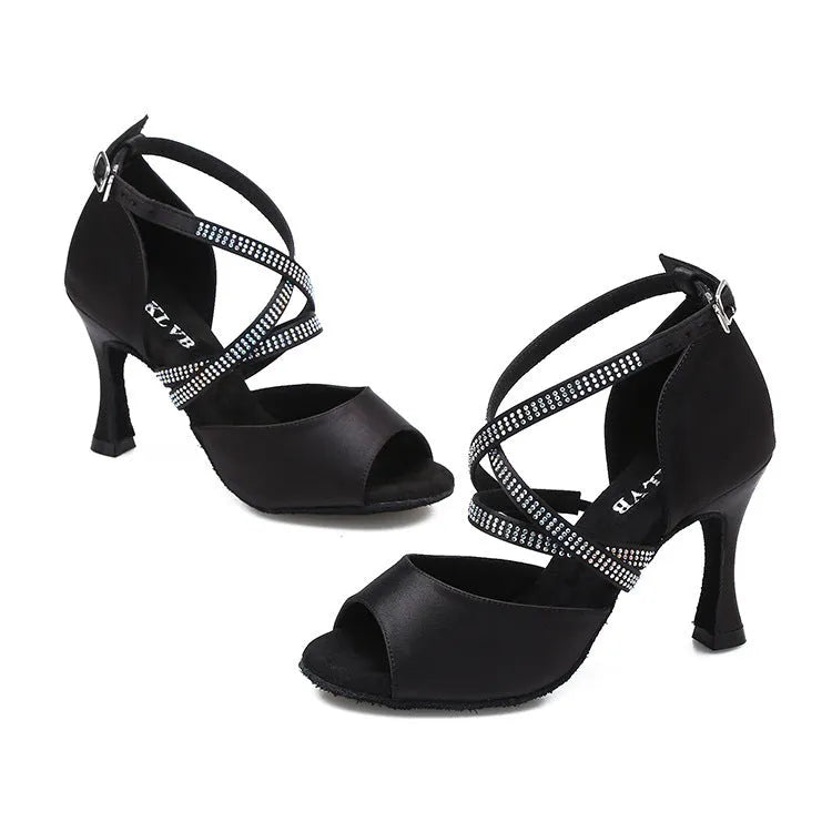 Women's Latin dance shoes in black with hot drilling detail, soft bottom, and leather sole, sizes 34 to 45