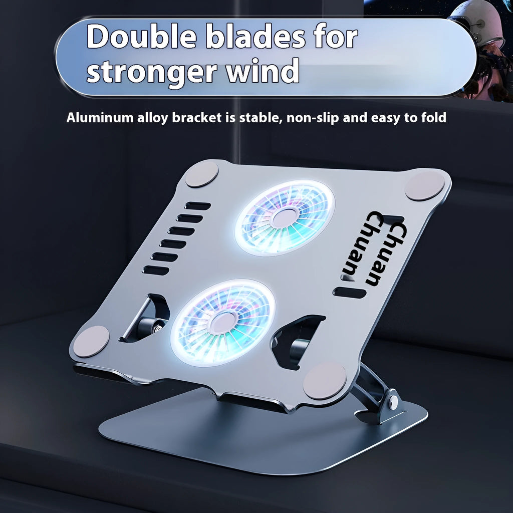 Silver aluminium foldable lifting laptop stand on a desk with a laptop placed on top
