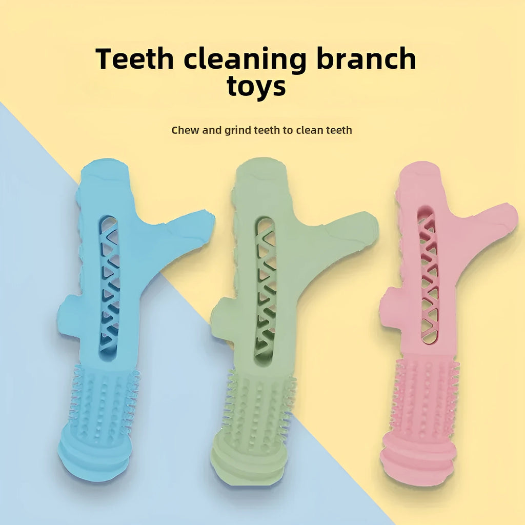 Blue TPR dental tree branch shaped chew toy for a small dog on a wooden floor.