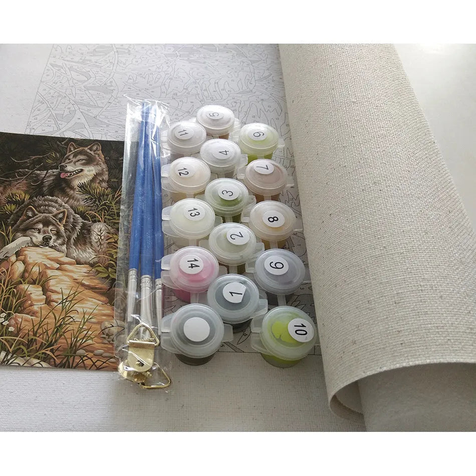 40x50cm landscape paint by numbers kit showing numbered linen canvas and set of acrylic paints
