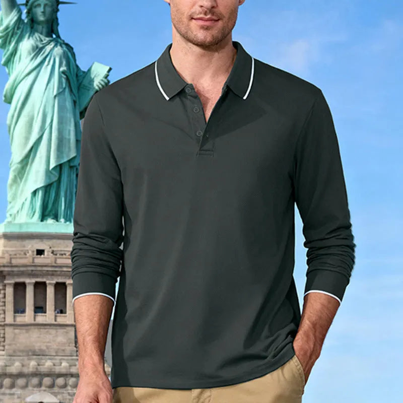 Men's casual jacquard polo shirt in solid colour, quick-dry long sleeve polyester, loose fit