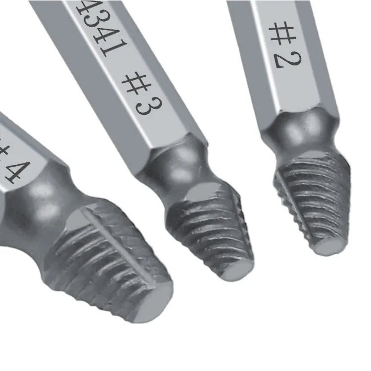 Six-piece screw remover extractor set with slip-tooth heads on a white background.