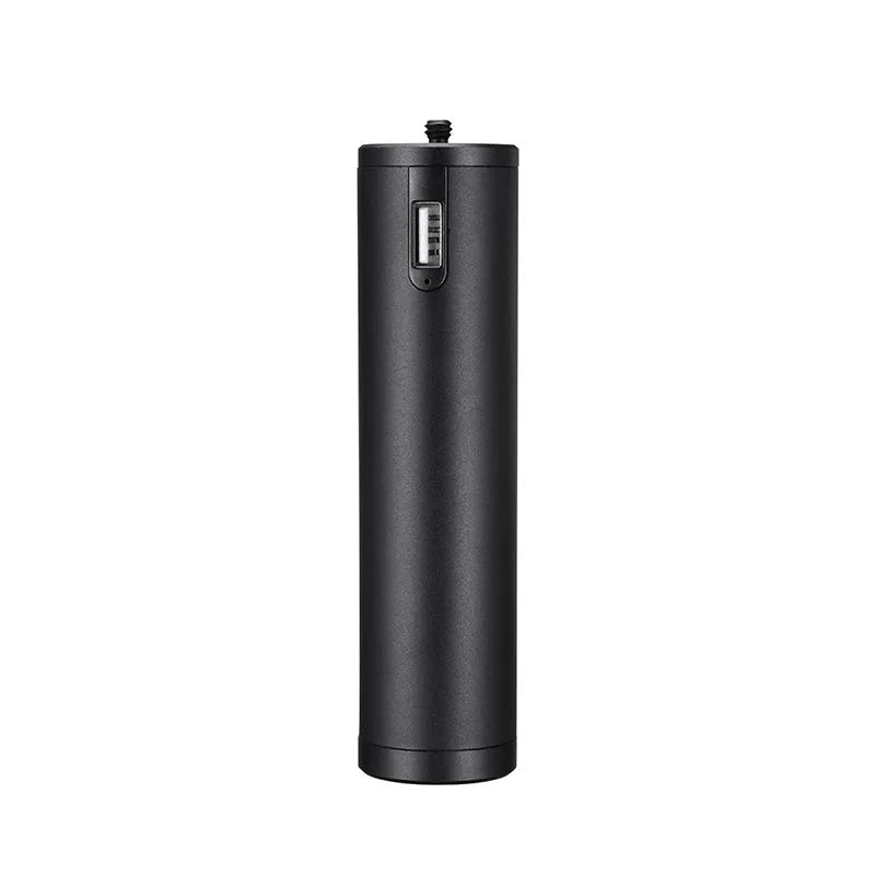 Black aluminium alloy portable power bank with a carry handle, showing compact size