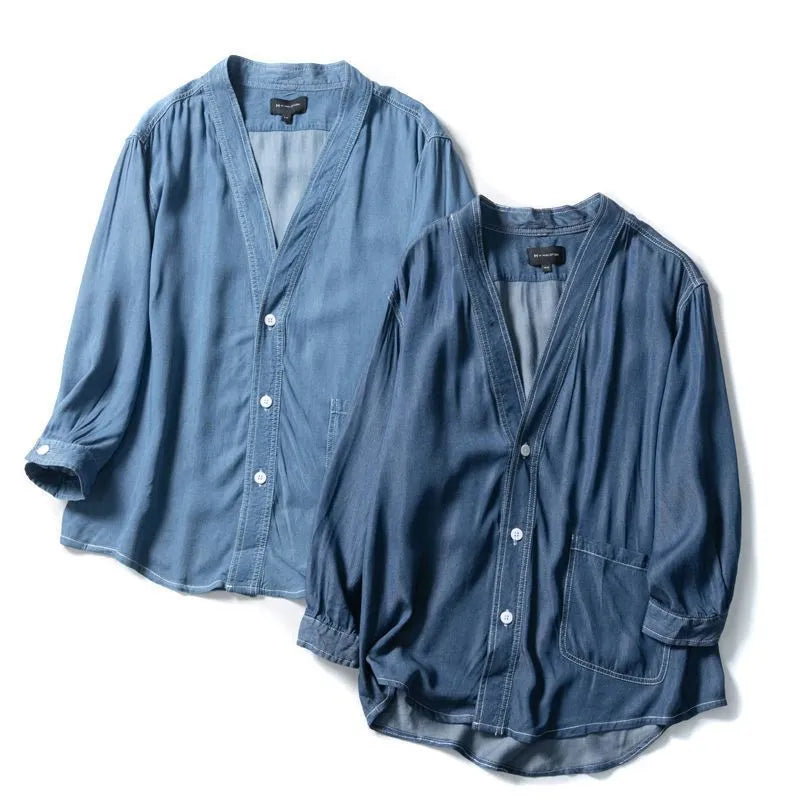 Men's dark blue V-neck denim coat with three-quarter sleeves and loose casual fit