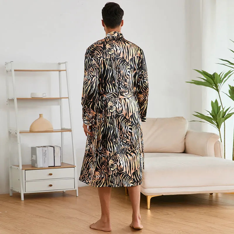 Men's tiger pattern bathrobe set with ultra-thin rayon fabric and shorts
