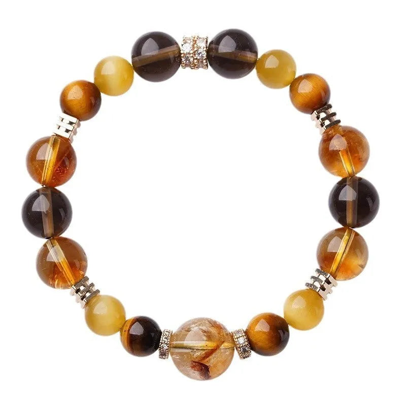 Yellow tower crystal tiger-eye bracelet with jinba geometric design in 10mm or 12mm size