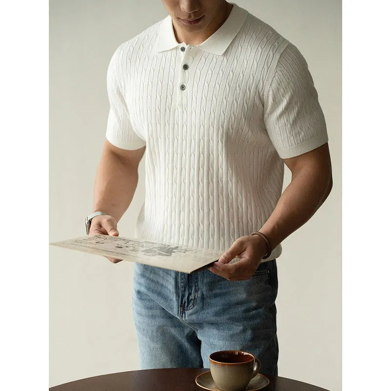 Men's khaki short sleeve business top made from a polyester nylon acrylic wool blend fabric.