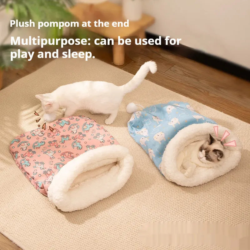 Cat sleeping bag nest with flannel lining in blue rabbit pattern, dimensions 50x40 cm