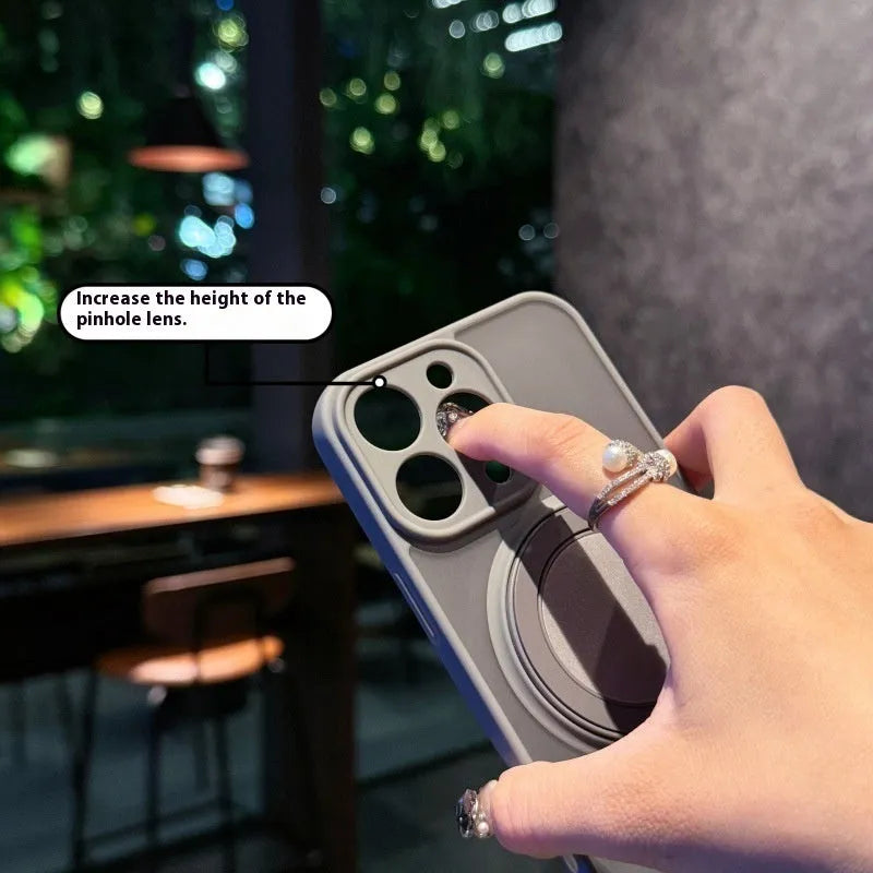 Transparent frosted magnetic phone case with a built-in folding stand for iPhone.