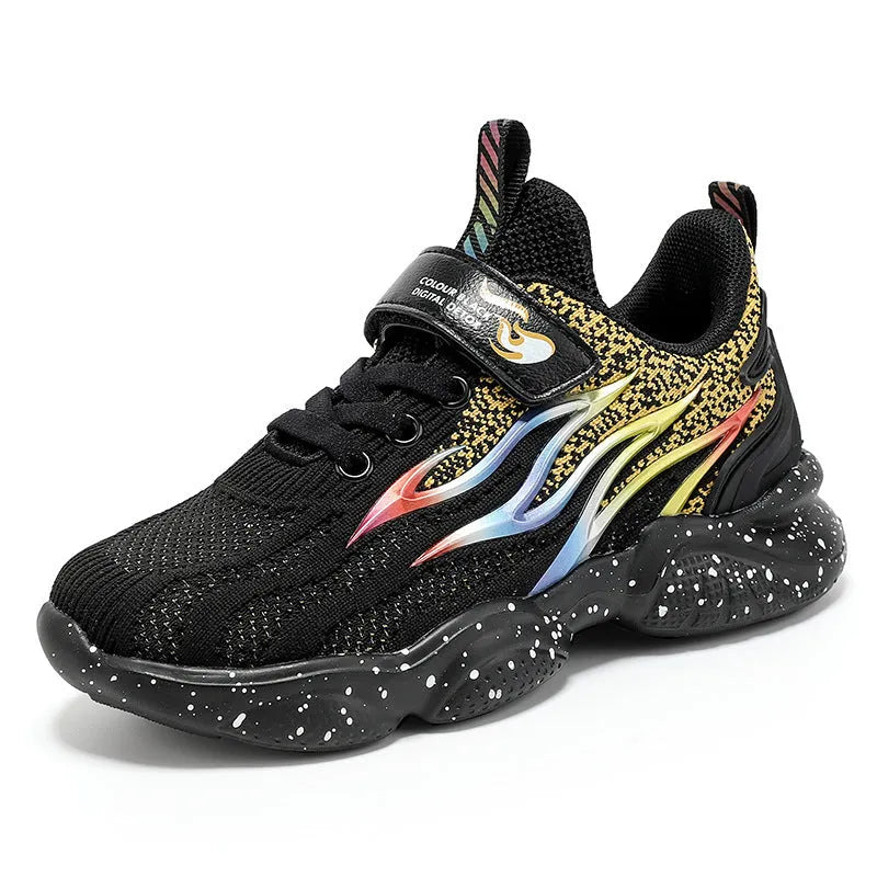 Boys' sneakers in mesh and textile with anti-slip rubber sole, shown in beige, black gold, and black red colour options.
