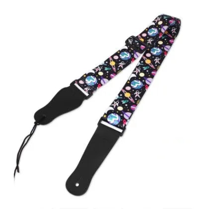Printed cloth guitar strap with colourful pattern options on electric guitar