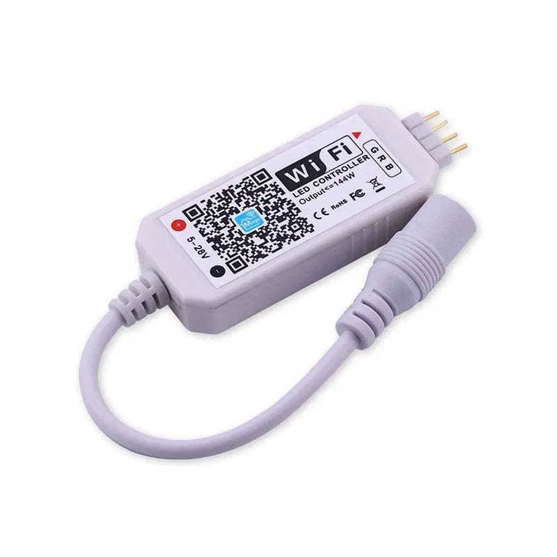 White WiFi RGB lighting controller for LED strips with DC input and smartphone app control.