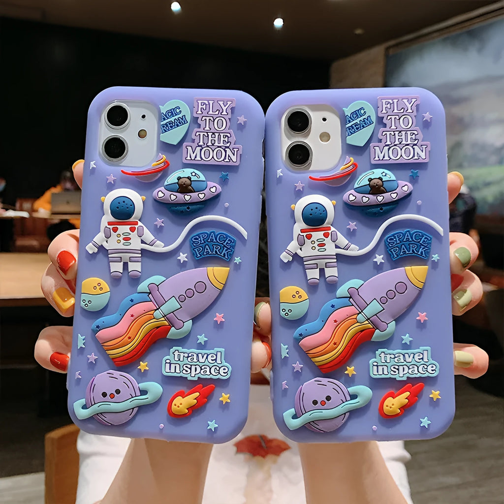 Purple silicone iPhone case featuring astronaut cartoon design for multiple model compatibility