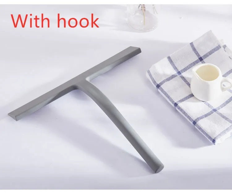 Silicone glass wiper with hook, 22.8cm scraper length, black colour, on a shower screen edge