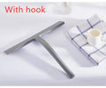 Silicone glass wiper with hook, 22.8cm scraper length, black colour, on a shower screen edge