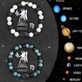 Two natural stone beaded bracelets for Chinese zodiac signs on a textured surface.