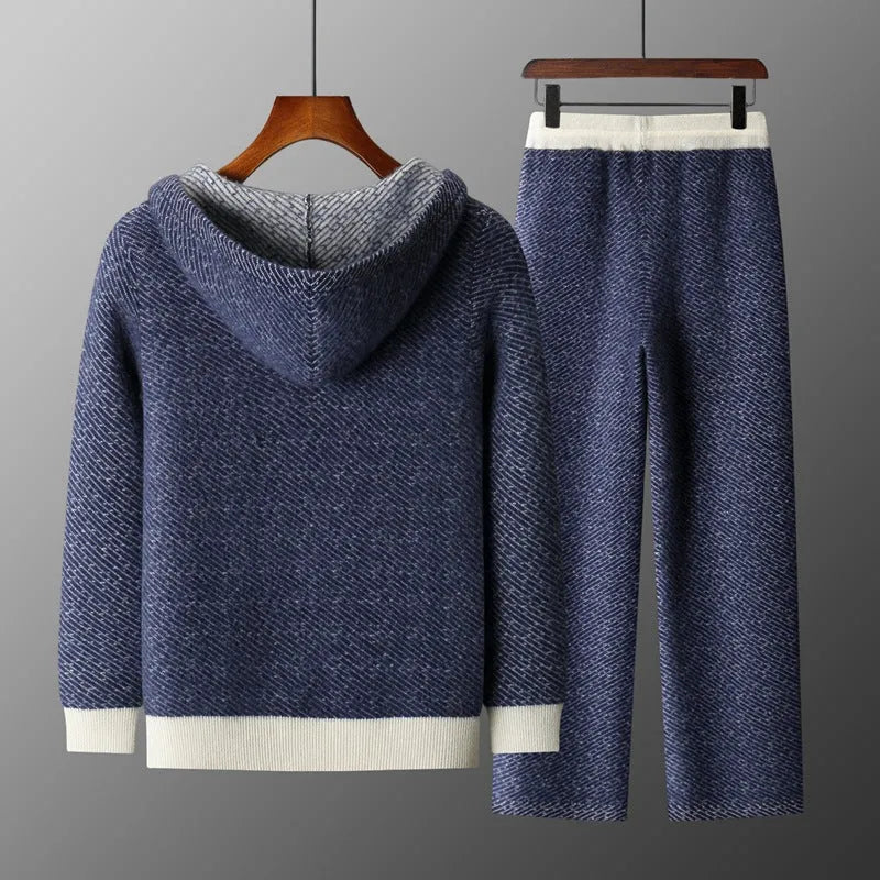 Men's hooded sweater cardigan set with long sleeve top and matching trousers in black, blue, and camel