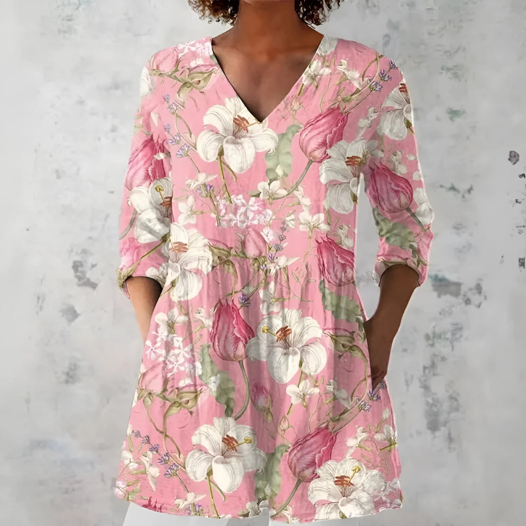 Women's retro print long-sleeved polyester top on a hanger, showing slim fit and detailed digital pattern.