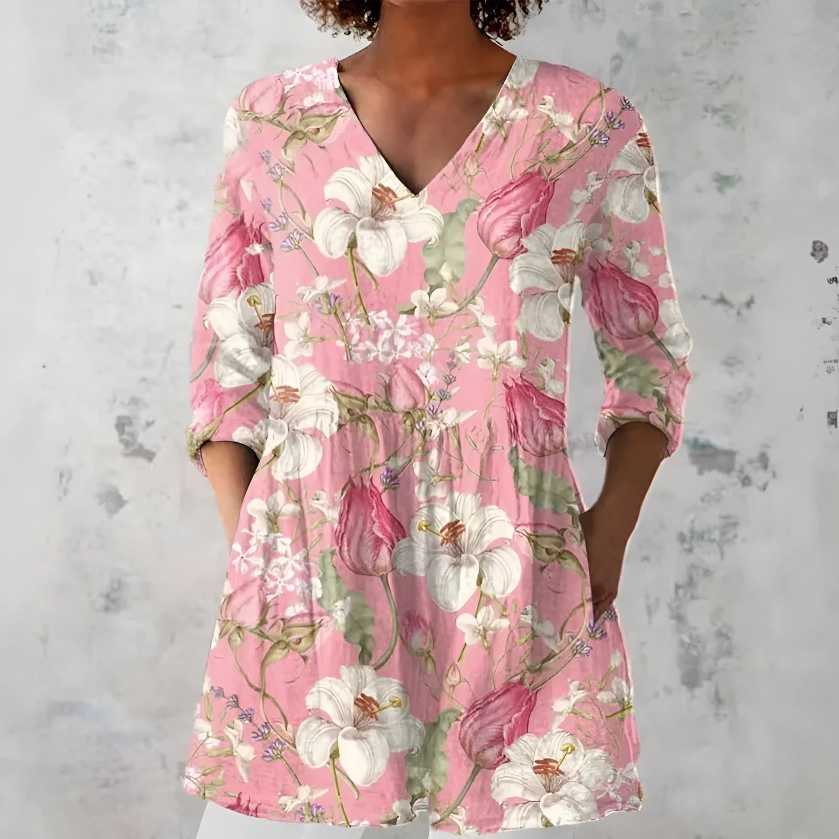 Women's retro print long-sleeved polyester top on a hanger, showing slim fit and detailed digital pattern.