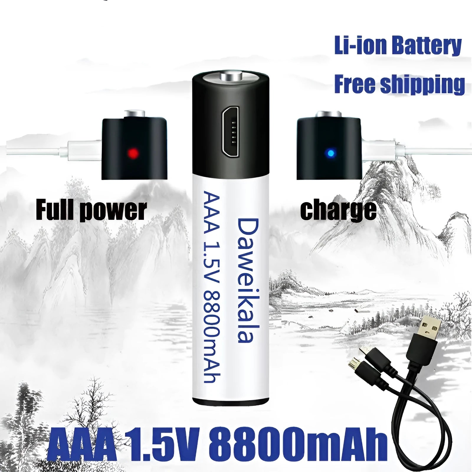 USB rechargeable AA AAA battery 1.5V with 1500 cycles and 9800mAh capacity