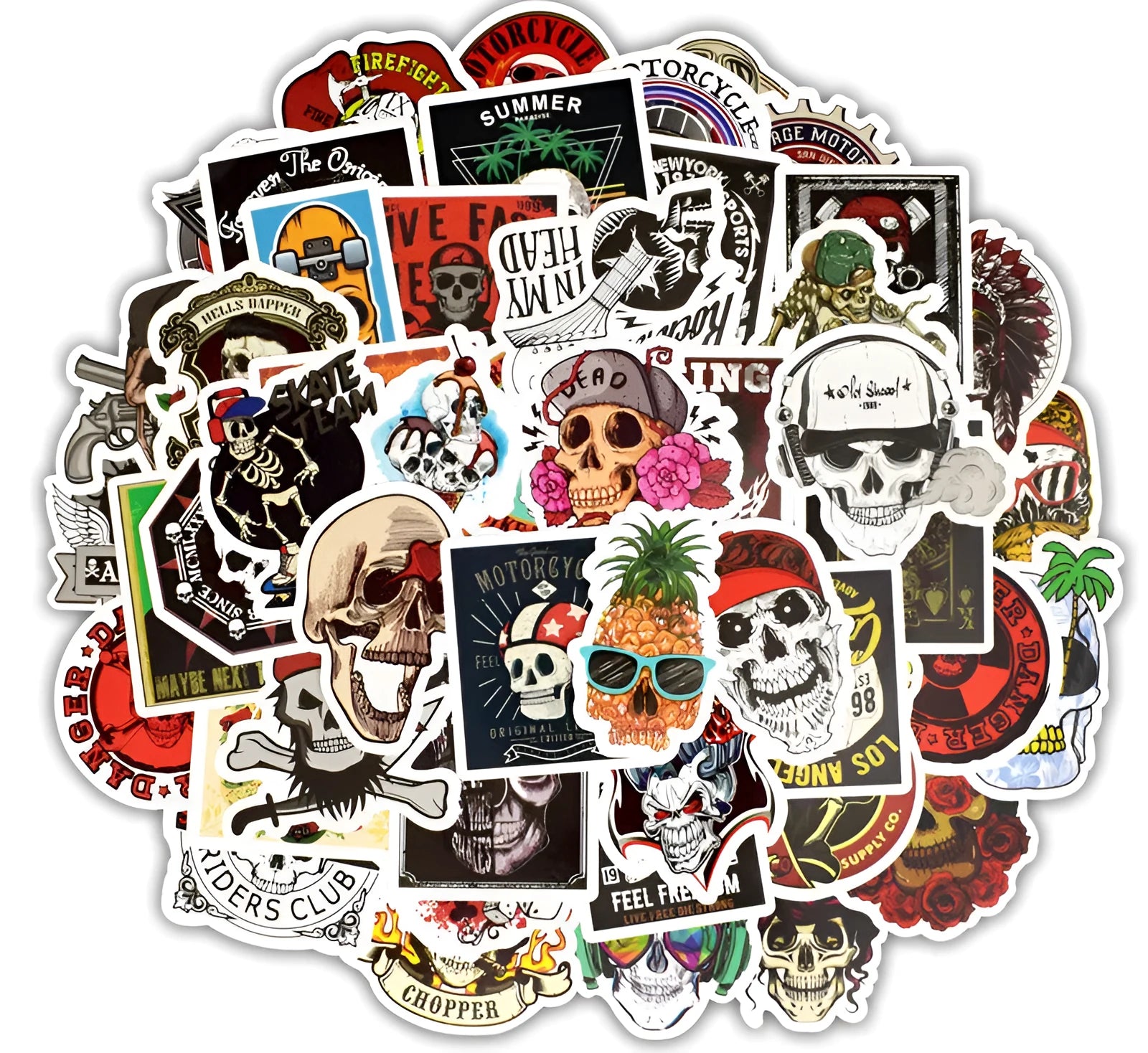 Skull head doodle sticker set of 50 machine-cut PVC waterproof decals in assorted sizes