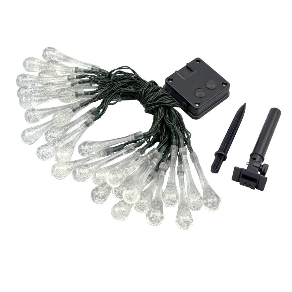 String of solar-powered LED garden lights with water drop-shaped pendants on a 6.5 metre cable.