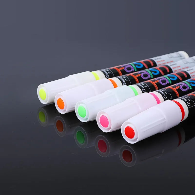 Set of electronic fluorescent board highlighter pens with plastic shells in multiple colours on a retail card.