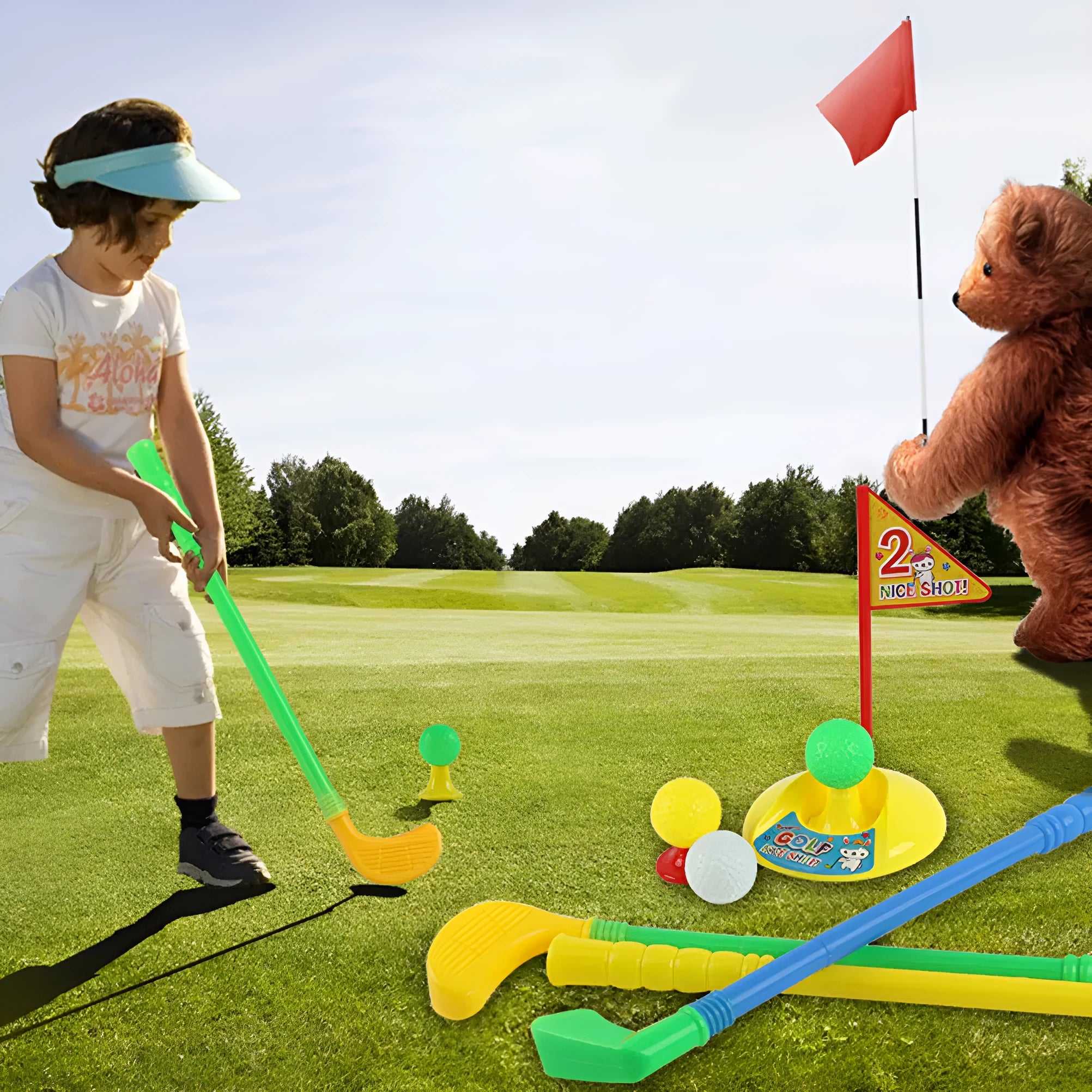 Children's golf set with three clubs, three golf balls, a hole, a flag, and two tees on grass