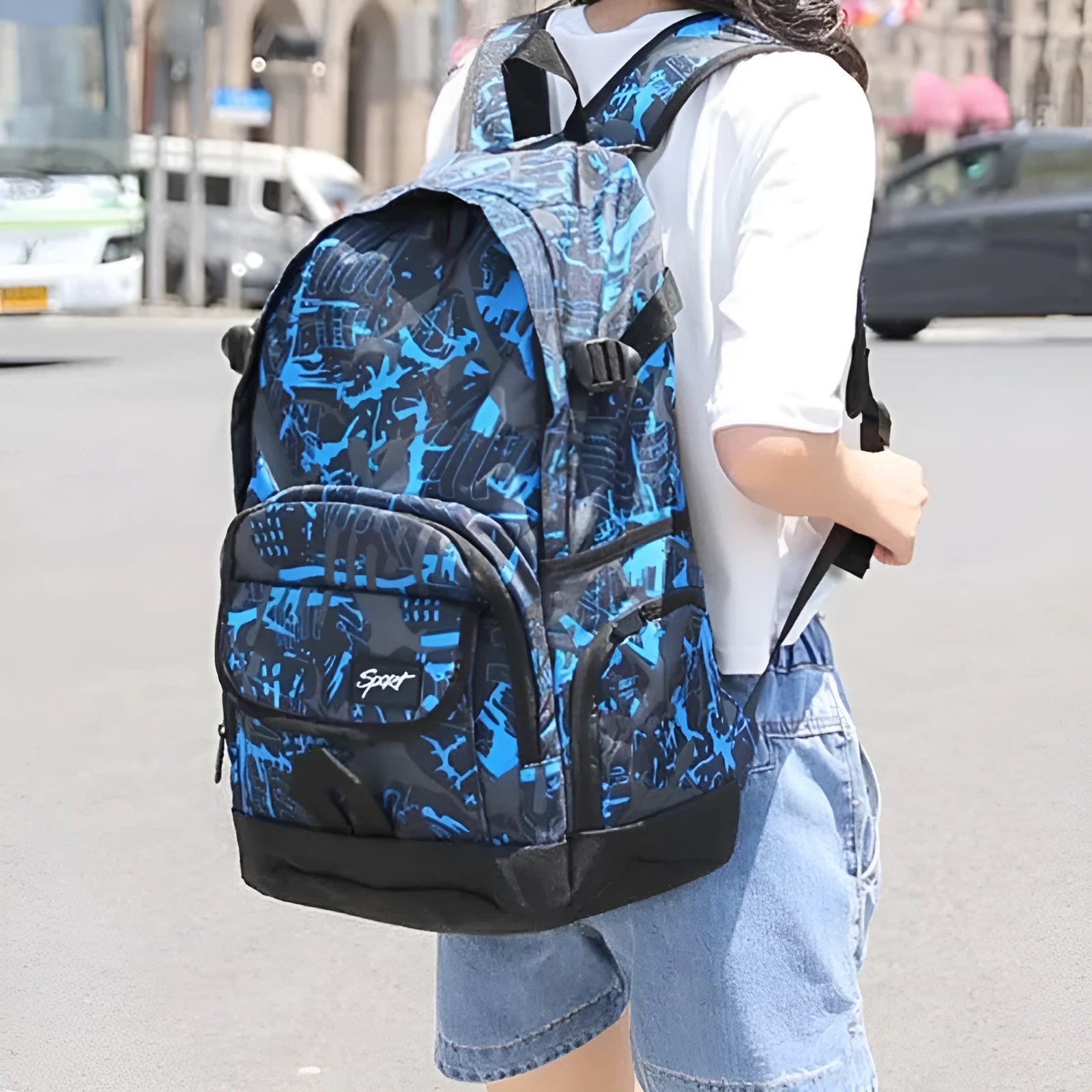 Classic nylon large backpack shown in blue and red colour options.