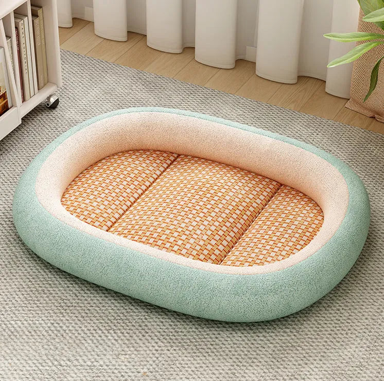Removable washable pet nest dog bed in light grey, showing detached cotton pad next to outer cushion.