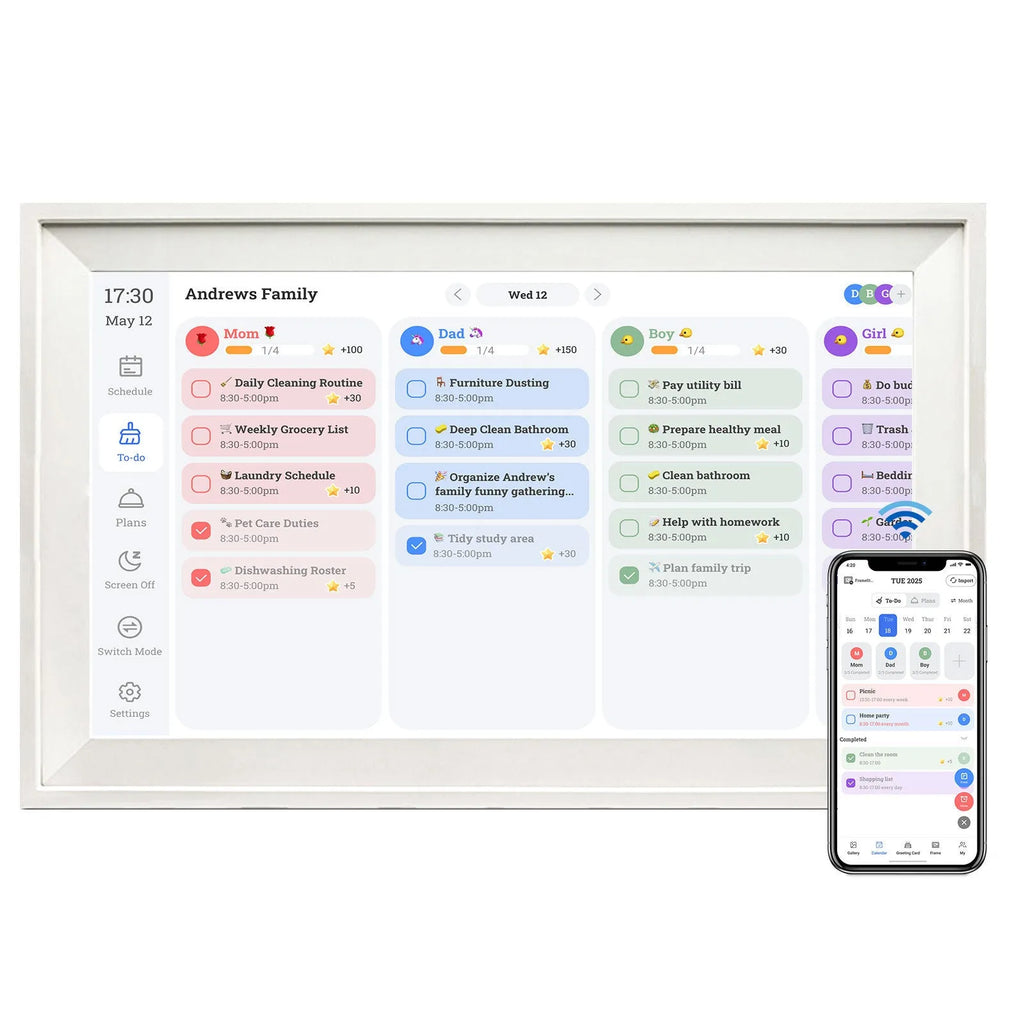 White 15.6 inch smart digital photo frame with app connectivity on wooden surface