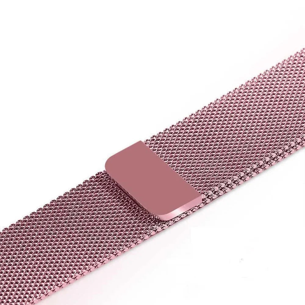 Stainless steel watch strap in silver, shown next to black, gold, and rose gold colour options.