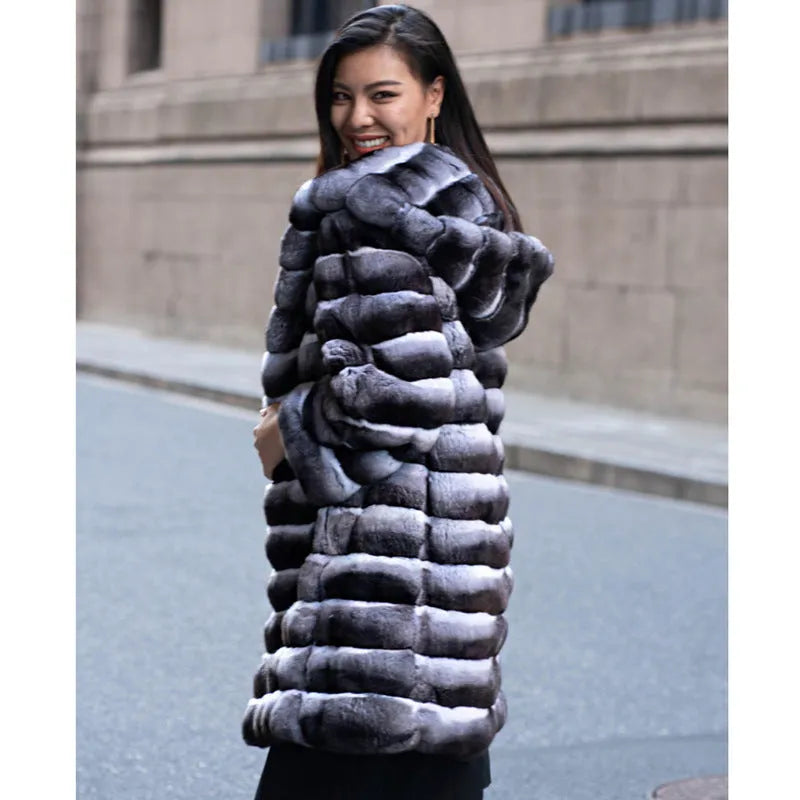 Women's zebra stripe faux fur overcoat with artificial mink hair fabric, mid-length design