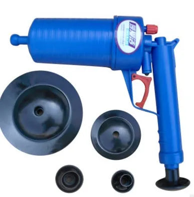 Plastic high-pressure drain blaster gun with four different-sized sucker adaptors for unblocking sinks and toilets.