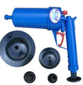 Plastic high-pressure air drain blaster gun with four different sized adaptor suckers for unclogging sinks and toilets.