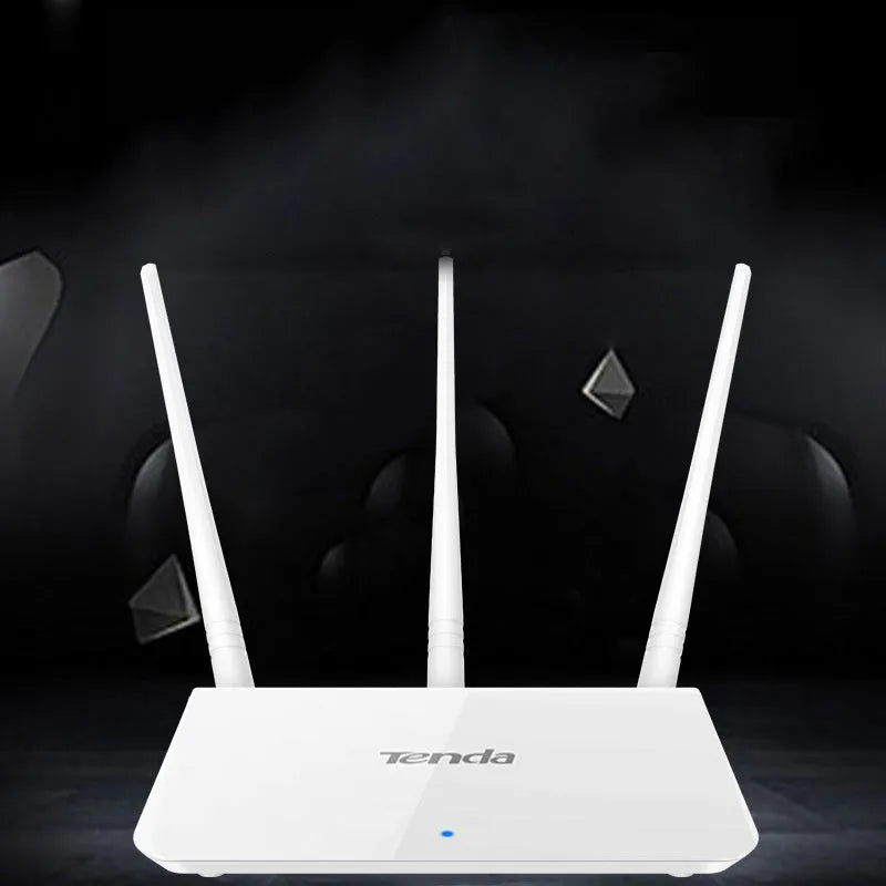 White rectangular dual-band wireless router with status LEDs, shown on a wooden surface.