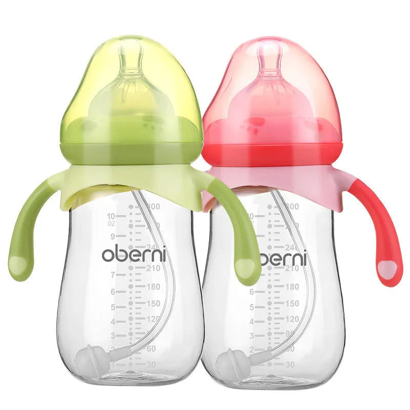 Wide caliber anti-colic baby bottle with handle in gourd shape design