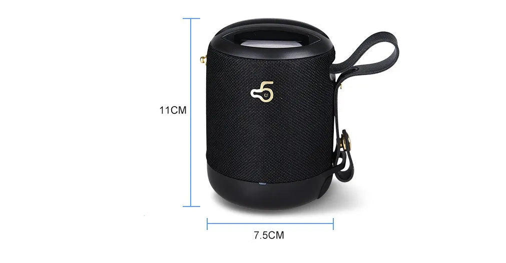 Small black portable Bluetooth speaker with carrying handle, showing FM radio and card slot features.