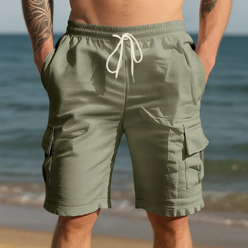 Men's cotton linen casual shorts with multiple pockets in loose straight-leg design